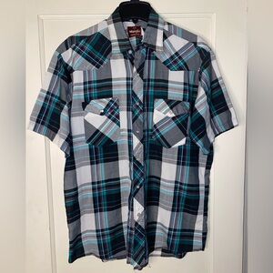 Vintage Wrangler Short-Sleeve Large Western Shirt Black Plaid Pearl Snap Buttons